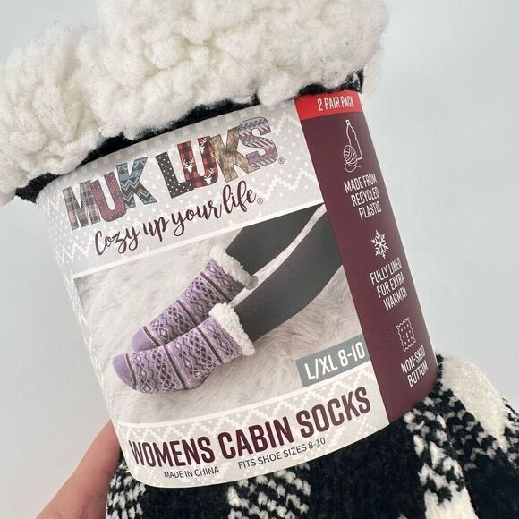 NWT Muk luks Faux Sherpa Lined Cabin Socks L/XL  Black & White‎ Plaid Large XL - Picture 2 of 4